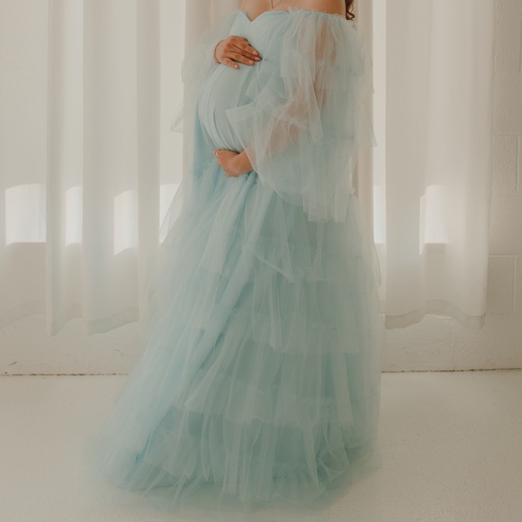 Maternity Dress Light Blue Off-Shoulder - Picture 1 of 3